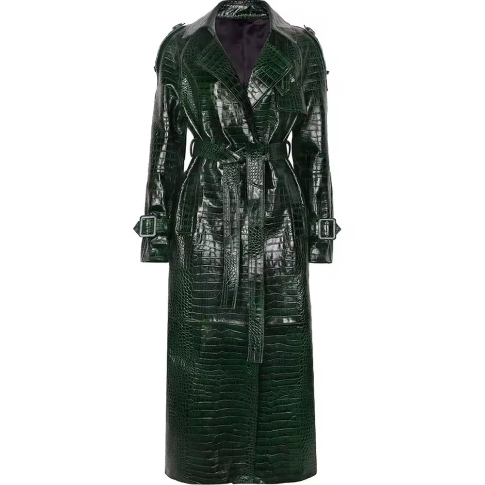 Crocodile Embossed Genuine Leather Trench Coat